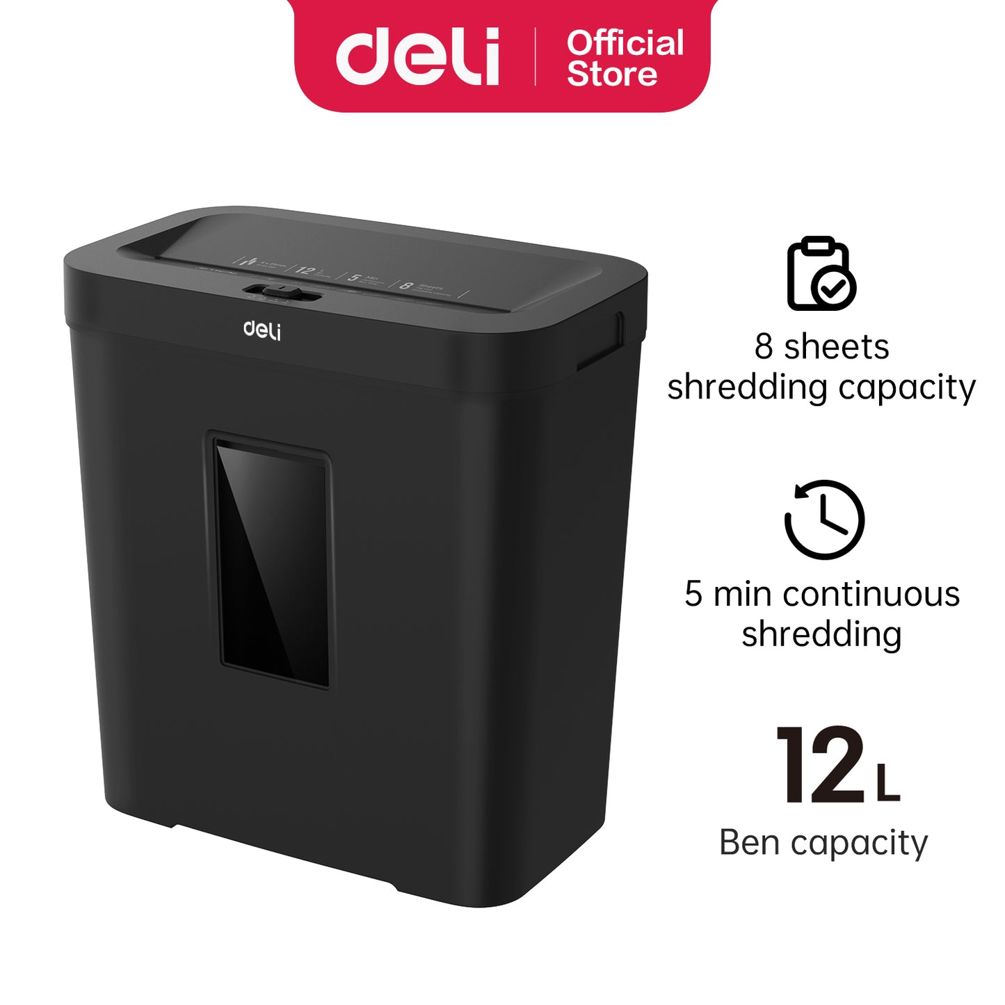 Deli Stationery-       Paper Shredder Shredding 8 sheets; Shredding Time: 5min (SKU: ET021)