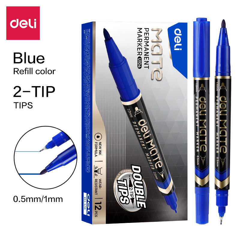 Deli Stationery - #Permanent Dual Tip Marker  #BLUE (SKU: EU10430)