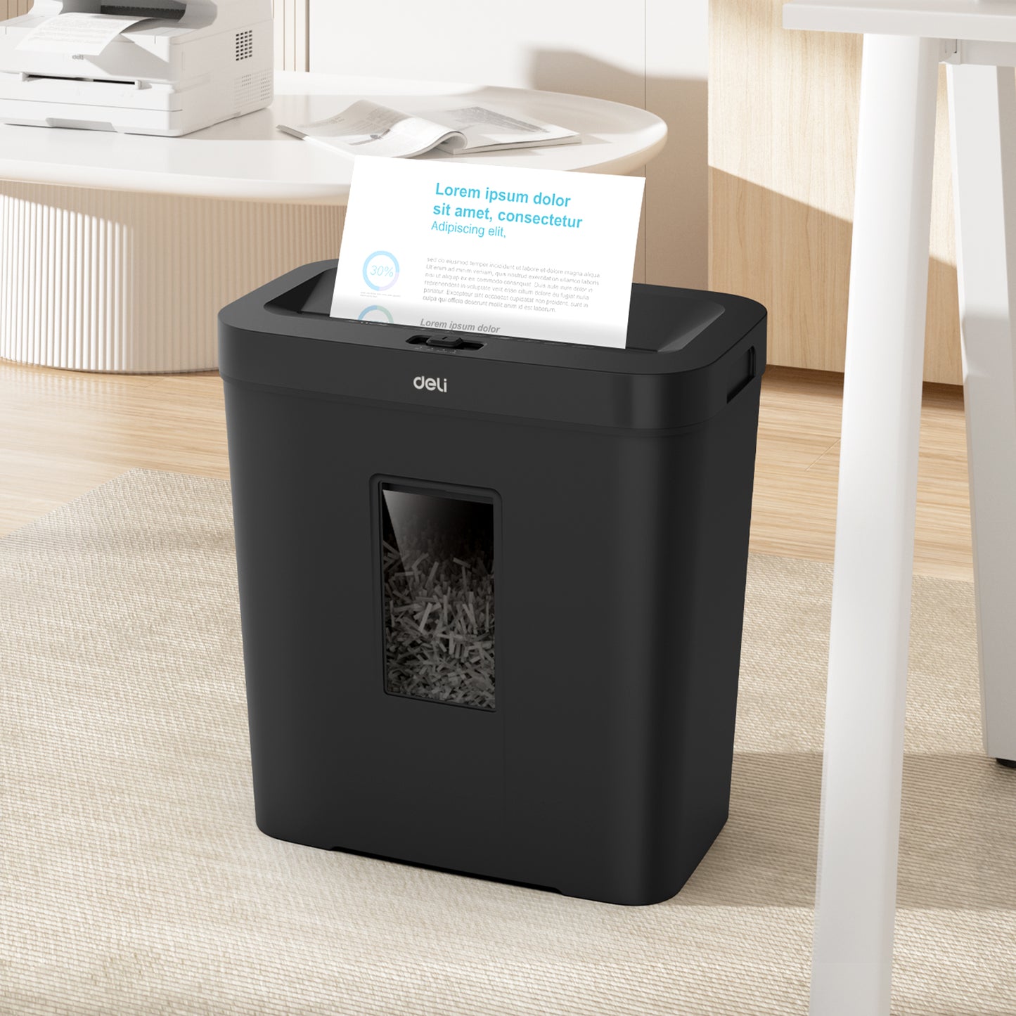 Deli Stationery-       Paper Shredder Shredding 8 sheets; Shredding Time: 5min (SKU: ET021)