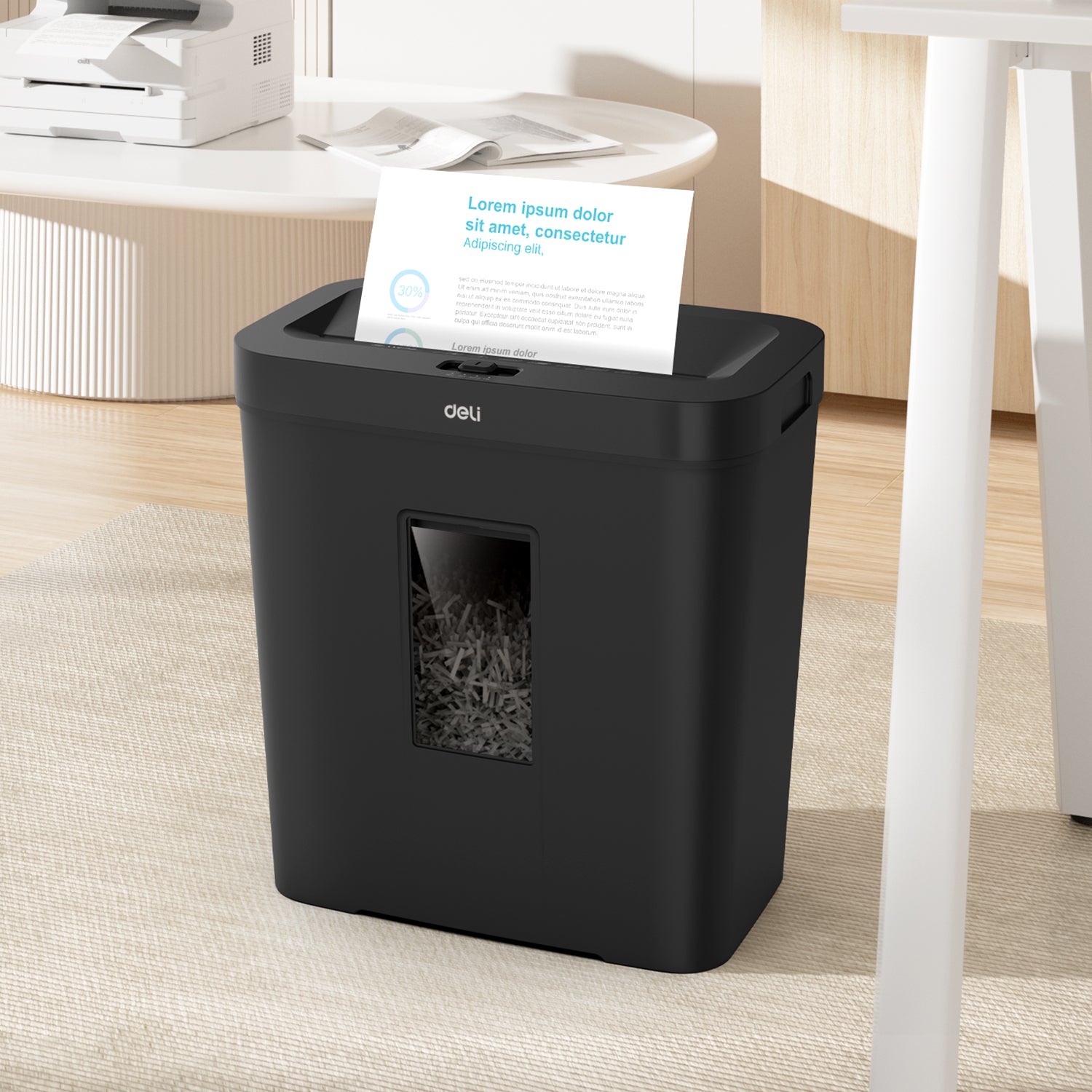 Deli Stationery-       Paper Shredder Shredding 8 sheets; Shredding Time: 5min (SKU: ET021)